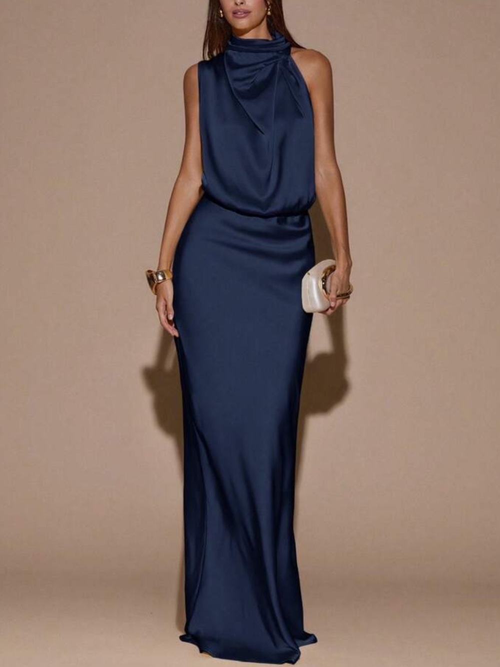 Elegant Satin Halter Evening Dress in Navy Blue
